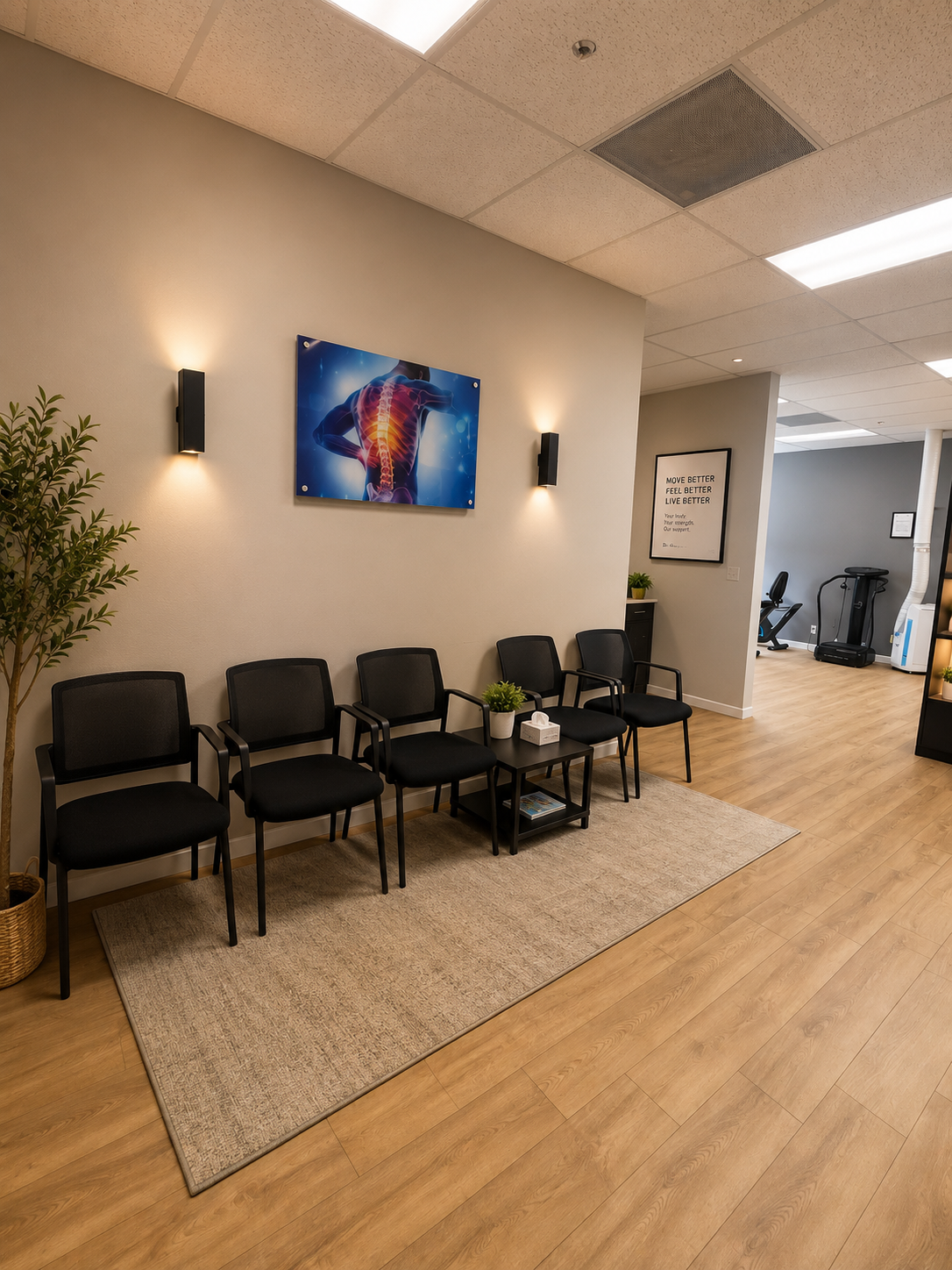 The welcoming waiting room at SpineX Injury Centers in Lake Worth, FL, and throughout Palm Beach County and the Palm Beaches
